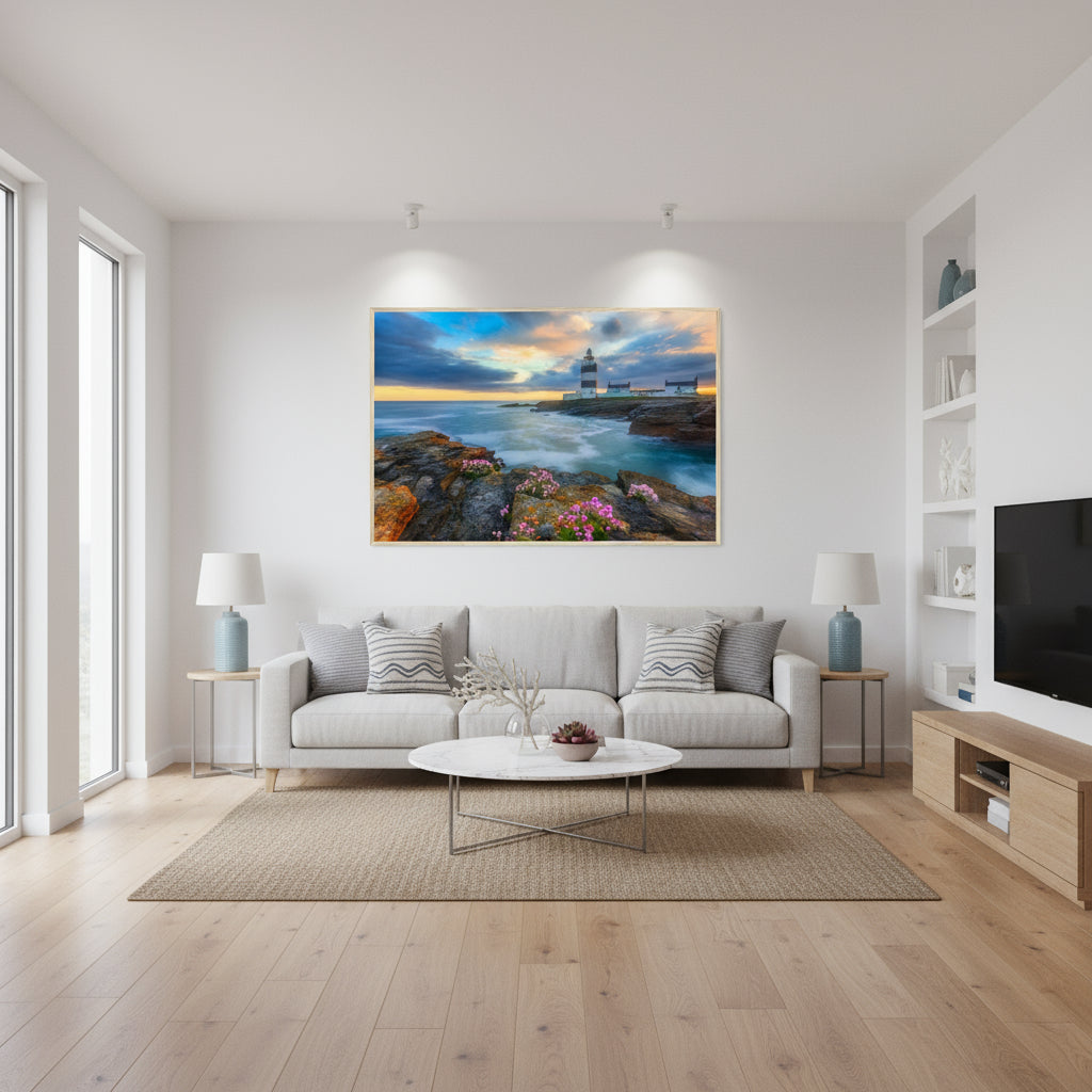 Large 60×90 cm print in a modern living room with oak floors, white walls and ocean-inspired decor; the artwork as focal point under discreet spotlights.
