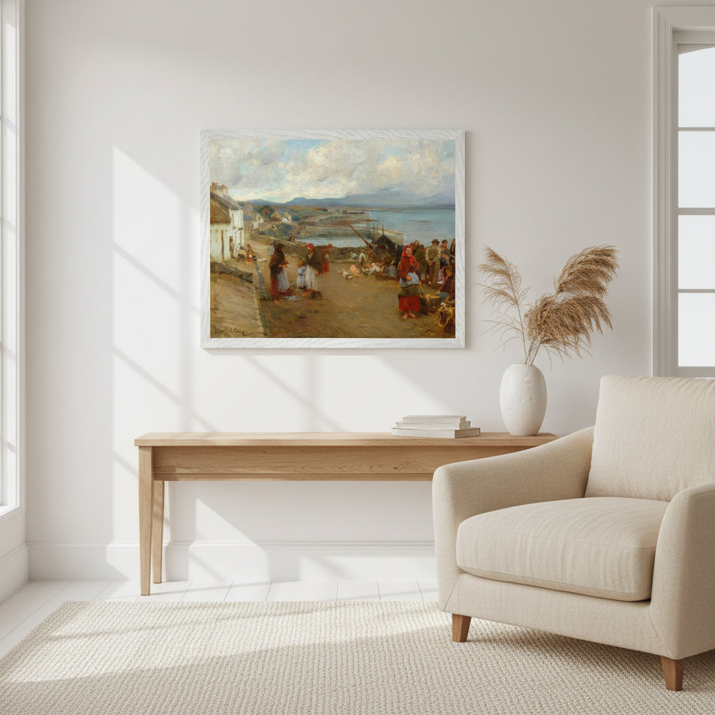 Life in Connemara, A Market Day by Walter Osborne in white gallery frame, Irish market scene art print, 40×50 cm