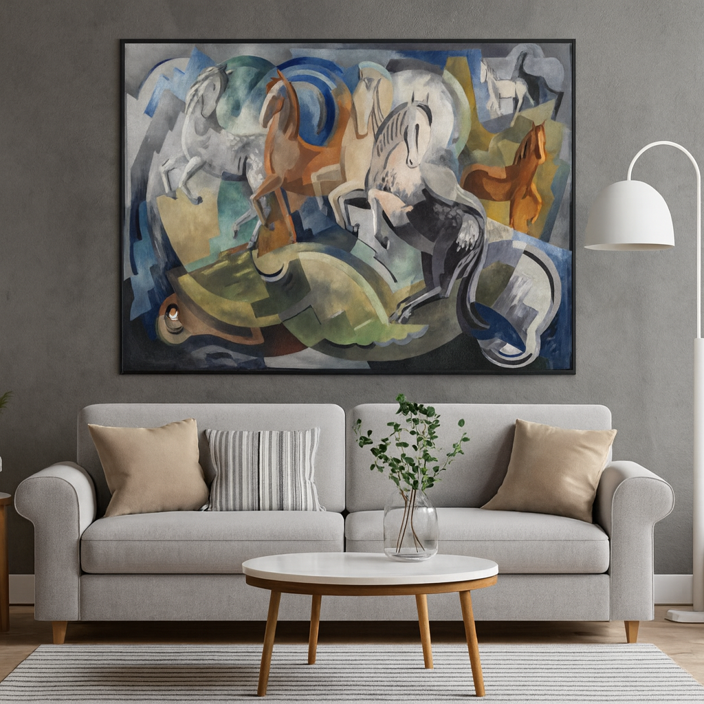  Mainie Jellett_s Achill Horses Canvas Print 60x90 cm / 24x36"Living room with a gray sofa, round wooden coffee table, and abstract painting on the wall.