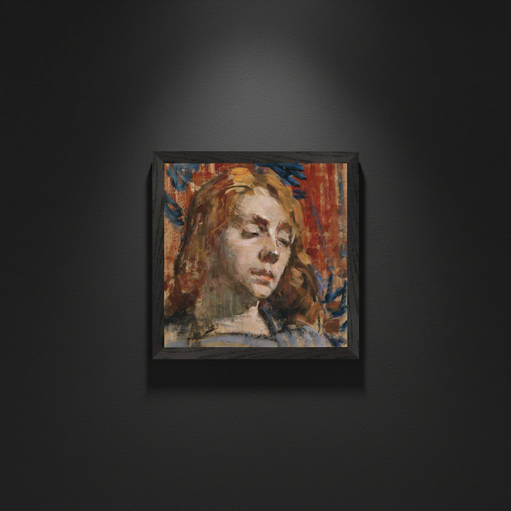 Black wooden frame on a dimly lit European museum wall, deep charcoal background, soft spotlight on artwork, cinematic shadows, ultra-realistic fine art photography.


