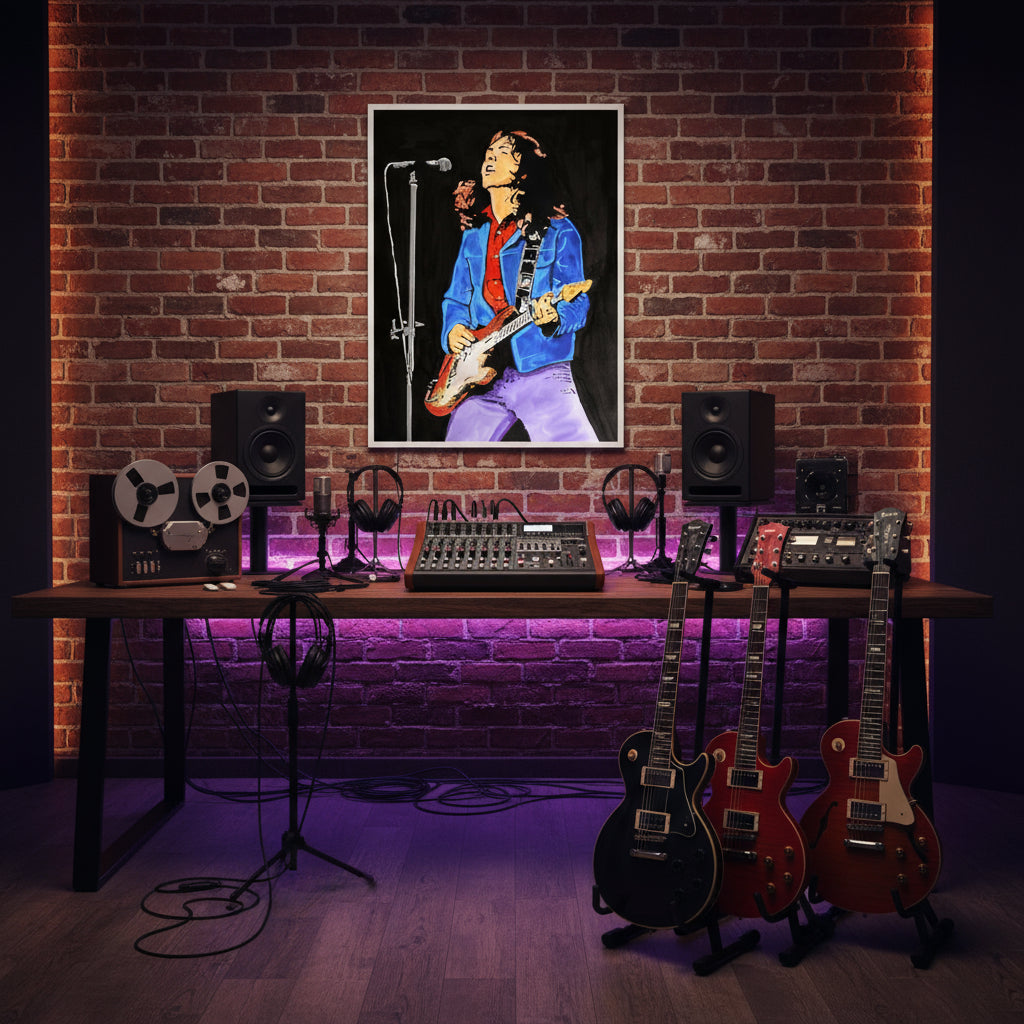 Rory Gallagher art print above a recording setup with guitars on stands, studio monitors, exposed brick wall, ambient LED lighting and a creative artist atmosphere.