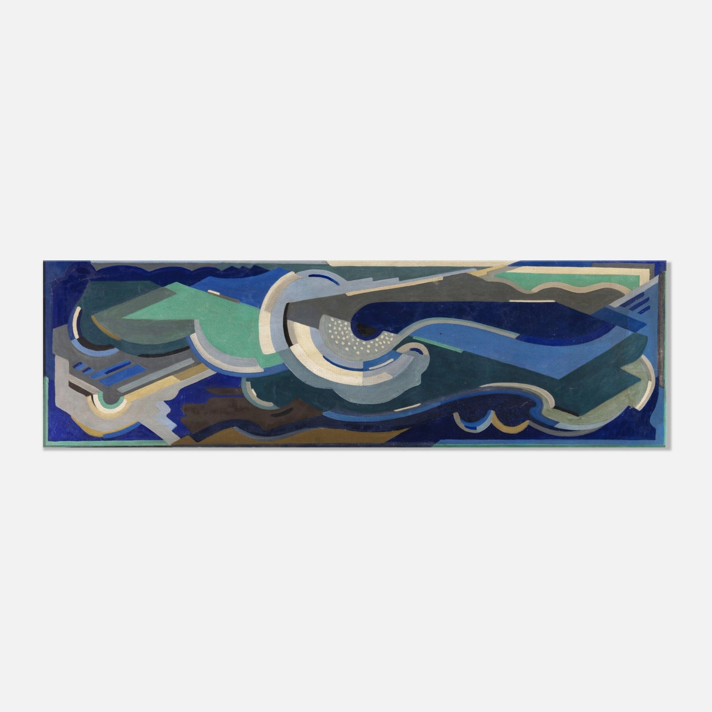 This image presents a striking canvas print titled "Sea Rhythm" by the renowned Irish artist Mainie Jellett, reflecting an abstract and modernist artistic approach. The canvas features a dynamic blend of vibrant colors and intricate forms that evoke the rhythmic essence of the ocean.