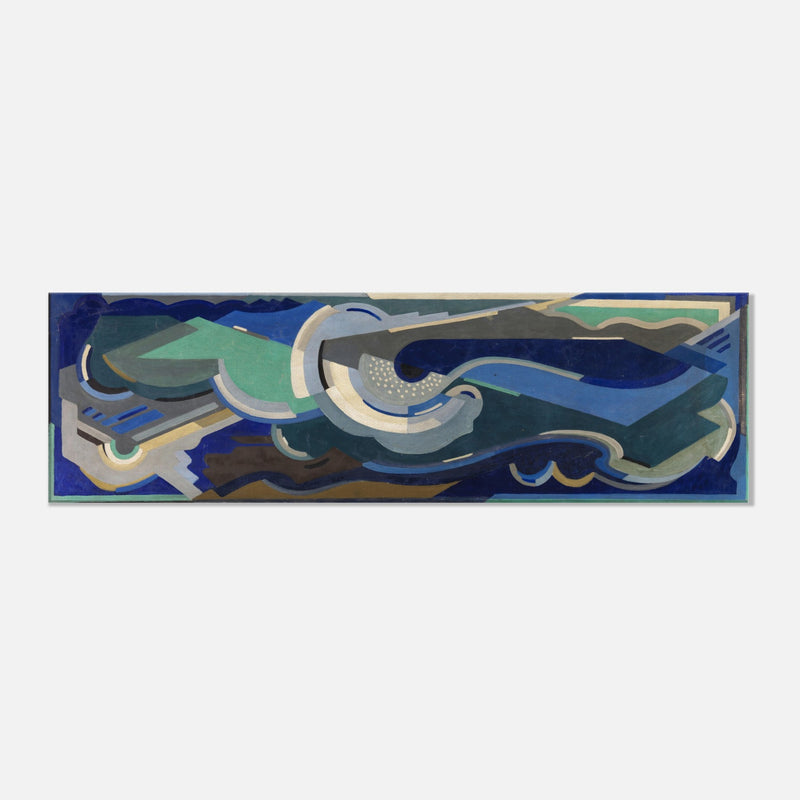 This image presents a striking canvas print titled "Sea Rhythm" by the renowned Irish artist Mainie Jellett, reflecting an abstract and modernist artistic approach. The canvas features a dynamic blend of vibrant colors and intricate forms that evoke the rhythmic essence of the ocean.
