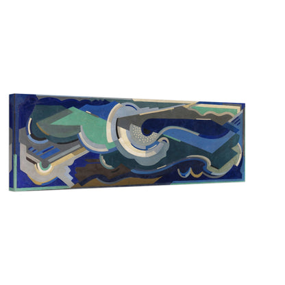 This image presents a striking canvas print titled "Sea Rhythm" by the renowned Irish artist Mainie Jellett, reflecting an abstract and modernist artistic approach. The canvas features a dynamic blend of vibrant colours and intricate forms that evoke the rhythmic essence of the ocean.