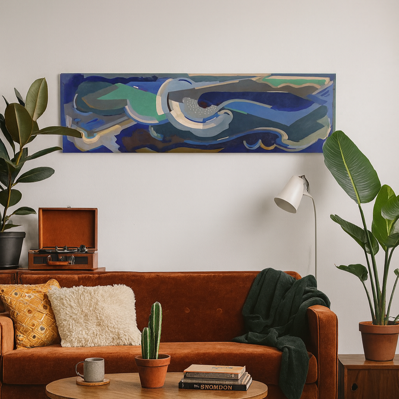 Living room with a brown sofa, coffee table, and abstract painting by Irish artist Mainie Jellett, abstract and modernist canvas art print on the wall.