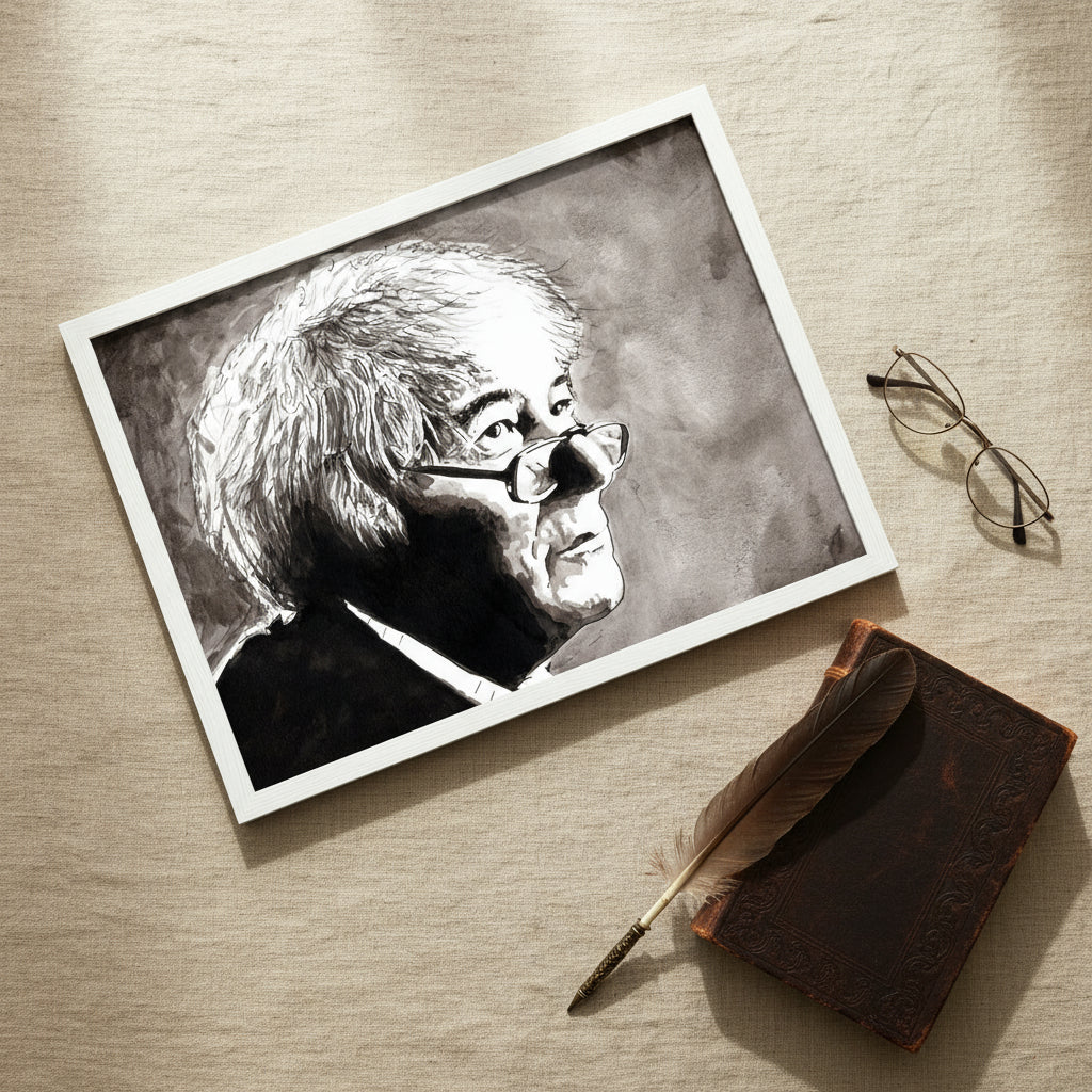 Seamus Heany framed art print laid on textured linen surface beside reading glasses, a quill pen, and a leather-bound poetry book.