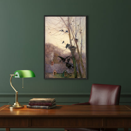Shades of Evening by Irish Artist Mildred Anne Butler Art Print 60x90 cm / 24x36″ / Framed Art Print Library study: Black Gallery frame above mahogany writing desk; green walls, leather chair, brass banker’s lamp, stacked art books.