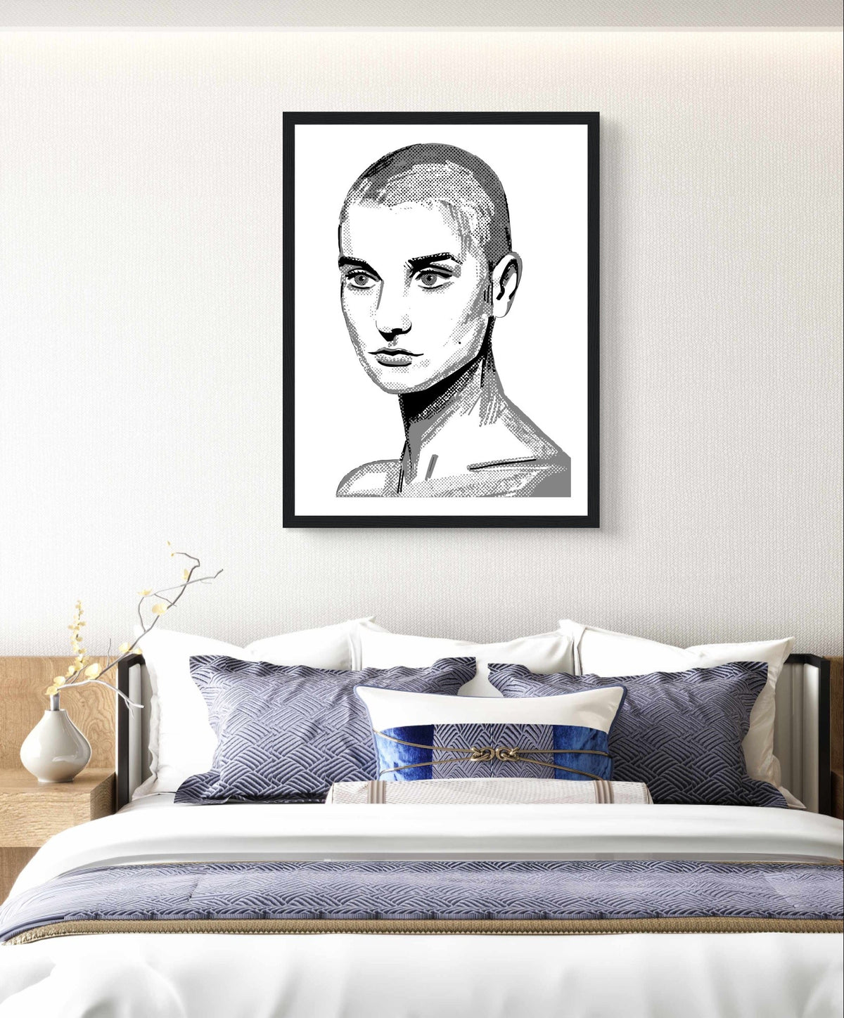 Framed wall art print of Sinéad O'Connor features a high-quality portrait capturing the iconic singer's striking presence. This vintage music framed wall art showcases the Irish pop star, ideal for fans of retro posters, musician prints, and Ireland's iconic Irish princess.