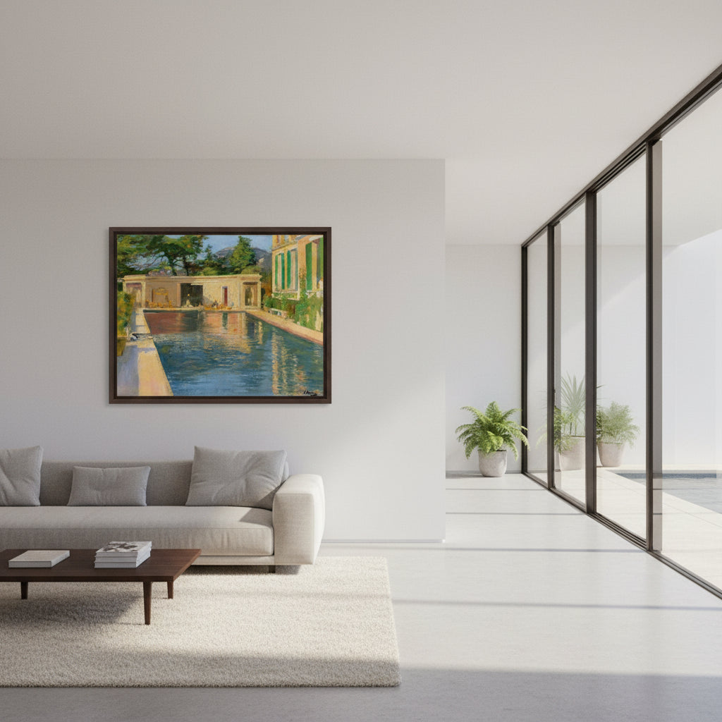Swimming Pool, Southern France – Sir John Lavery Collector’s Edition Fine Art Print (40×50 cm / 16×20″) Framed artwork displayed in a contemporary interior with a  outdoor pool and terrace in the background.