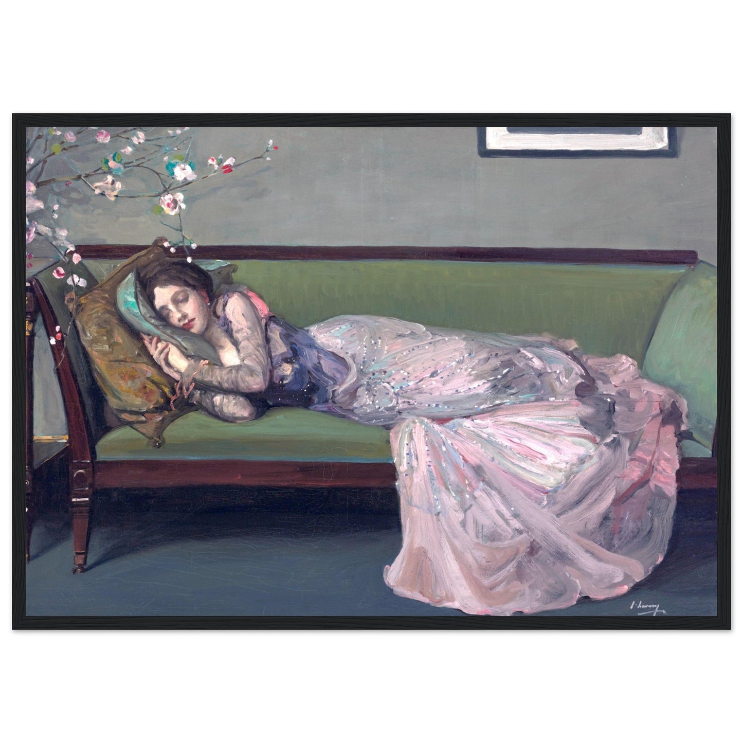 A reproduction art print of 'The Green Sofa' by Sir John Lavery, featuring a woman reclining on a green sofa with a floral motif in the background.