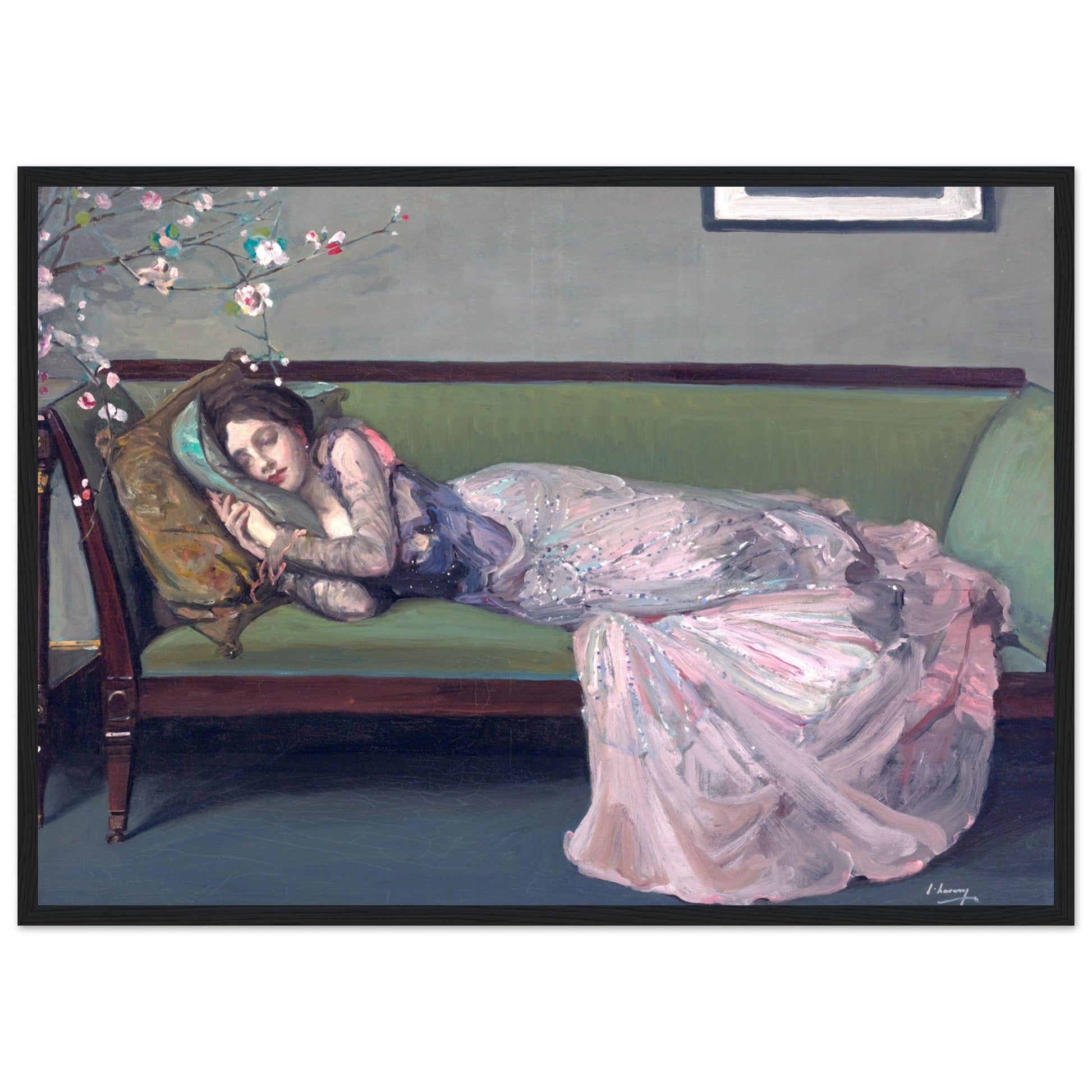 A reproduction art print of 'The Green Sofa' by Sir John Lavery, featuring a woman reclining on a green sofa with a floral motif in the background.
