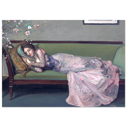 A reproduction art print of 'The Green Sofa' by Sir John Lavery, featuring a woman reclining on a green sofa with a floral motif in the background.