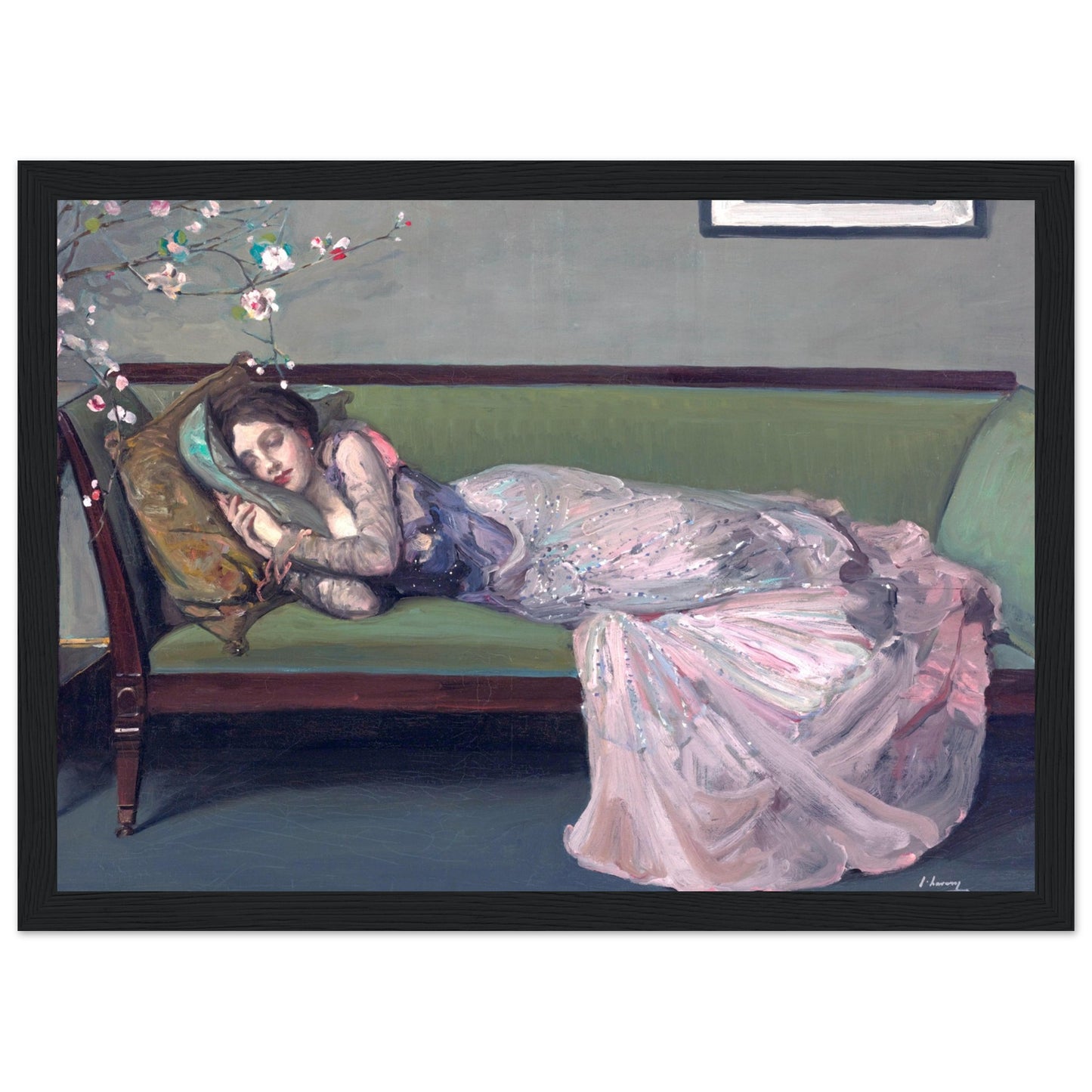 A reproduction art print of 'The Green Sofa' by Sir John Lavery, featuring a woman reclining on a green sofa with a floral motif in the background.