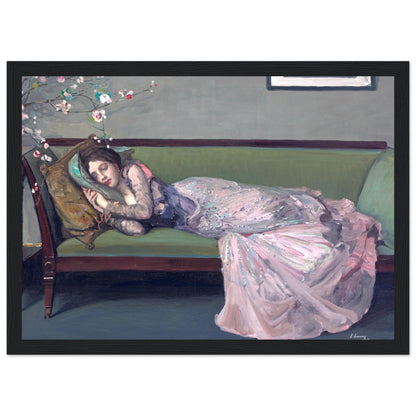 A reproduction art print of 'The Green Sofa' by Sir John Lavery, featuring a woman reclining on a green sofa with a floral motif in the background.