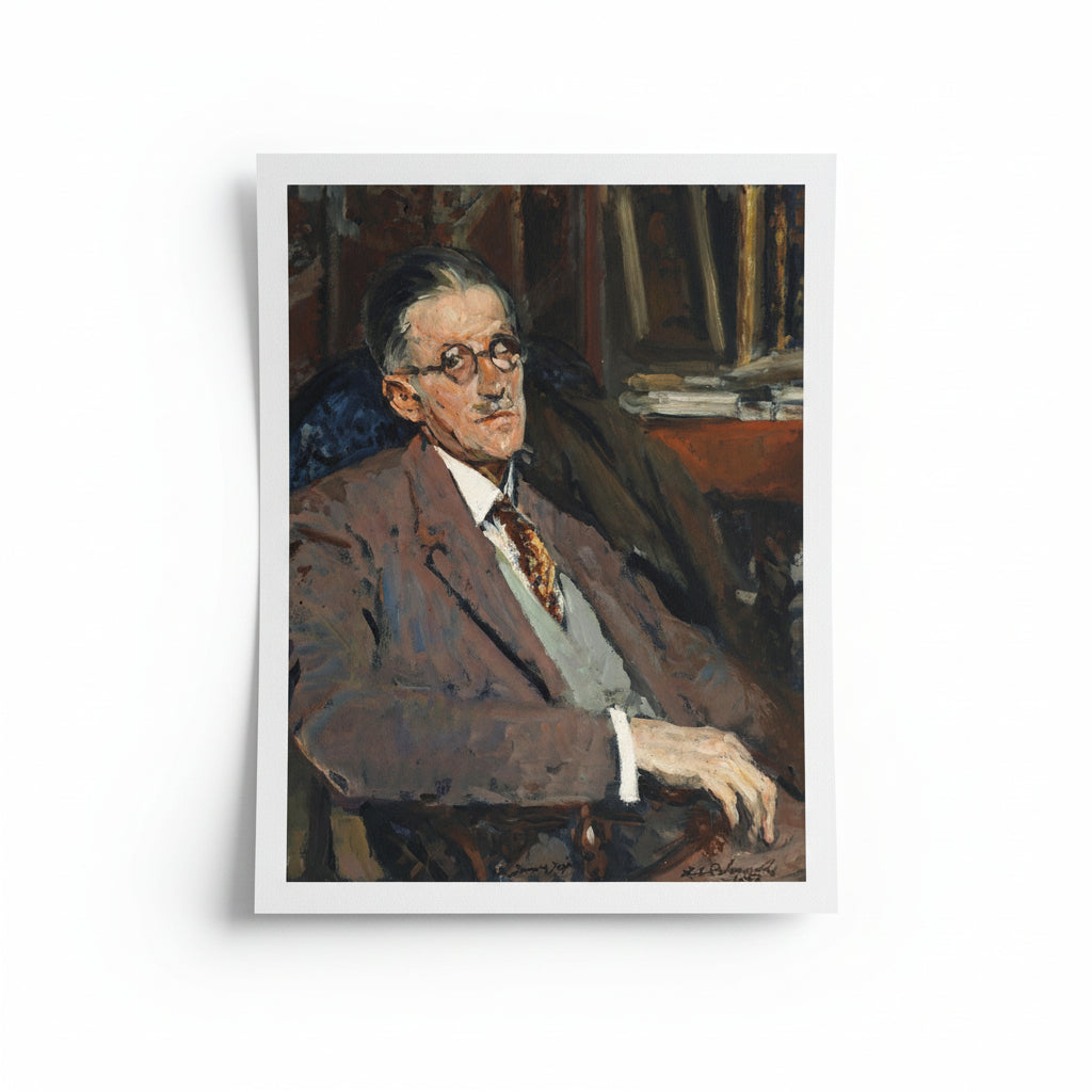 Unframed art print of James Joyce portrait placed flat on a clean white background, soft natural top-lighting, crisp paper edges visible, slightly elevated shadows, premium matte paper texture visible, minimalist fine art flat lay.
