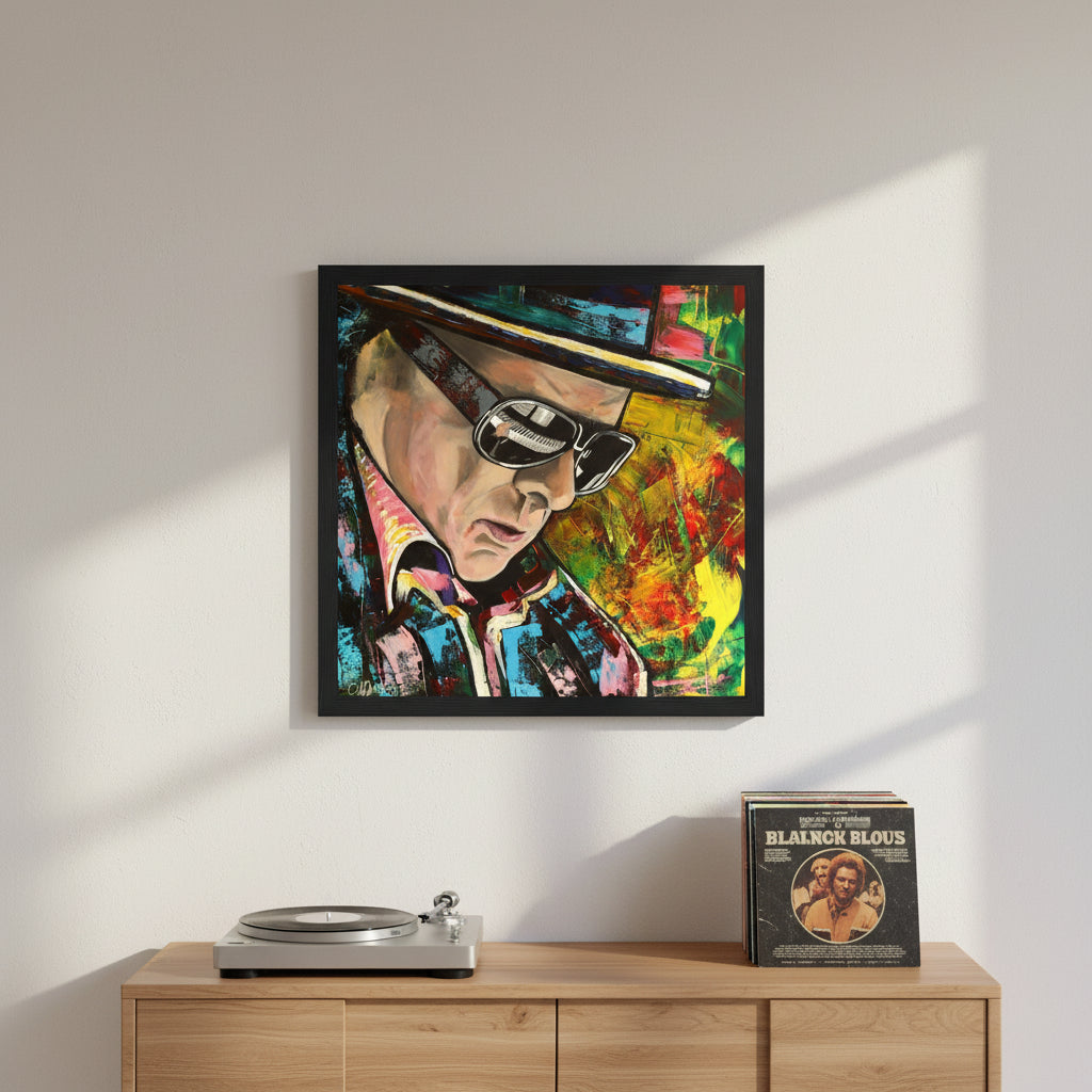 Van Morrison portrait framed art print by Irish Artist Mullan. Reflects his musical genius & poetic spirit. Tribute to Morrison's legacy, ideal for music & art enthusiasts.