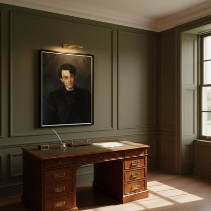 Elegant Georgian study with dark olive panelled walls, antique writing desk, and brass picture light illuminating the W. B. Yeats portrait in a black gallery frame; warm afternoon light through tall sash windows