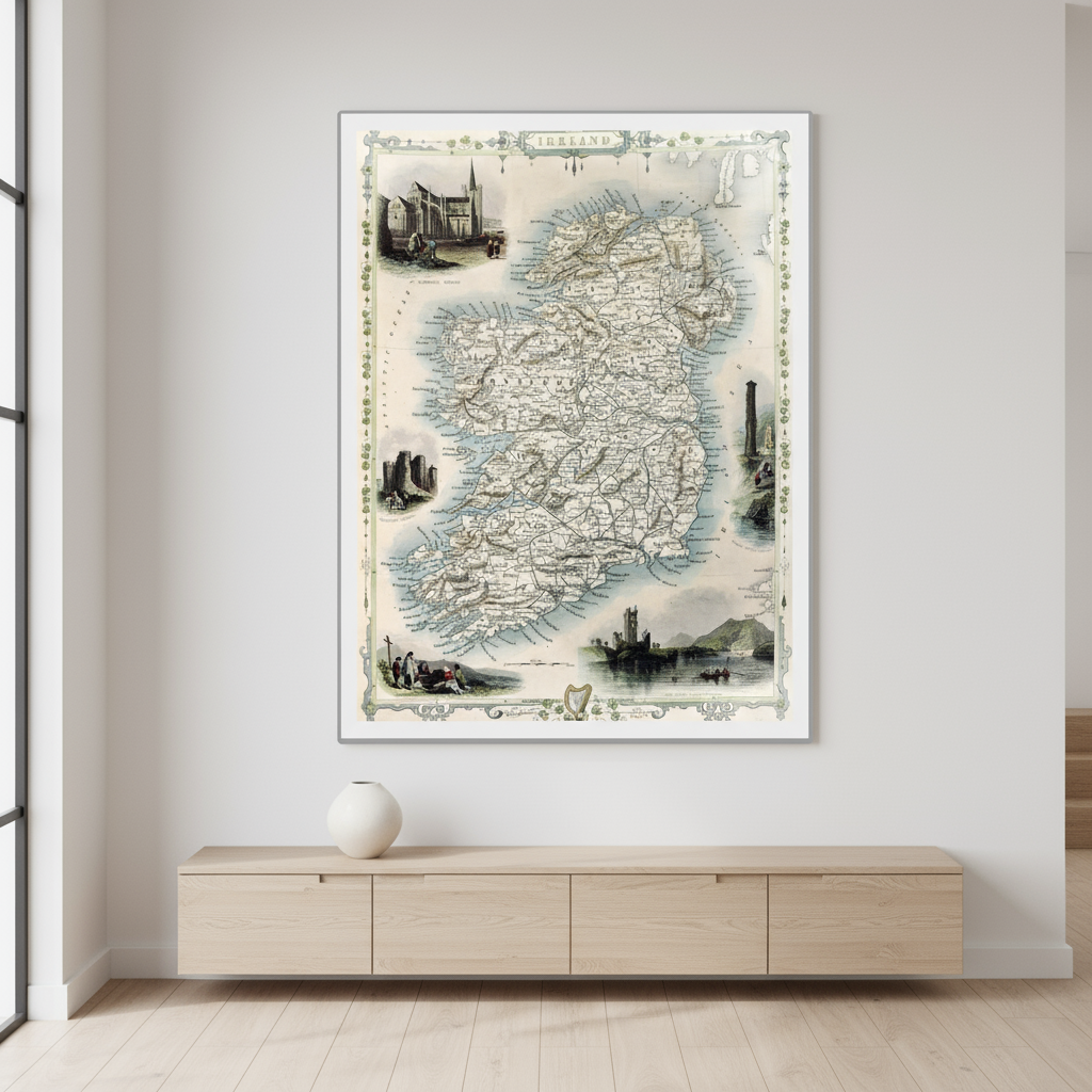 White-framed Old Map of Ireland on gallery-white wall above pale oak sideboard, ceramic vase and clean Scandinavian styling.
