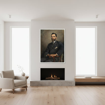 White frame edition displayed in a modern minimalist living room with stone fireplace, linen armchair and soft natural light.