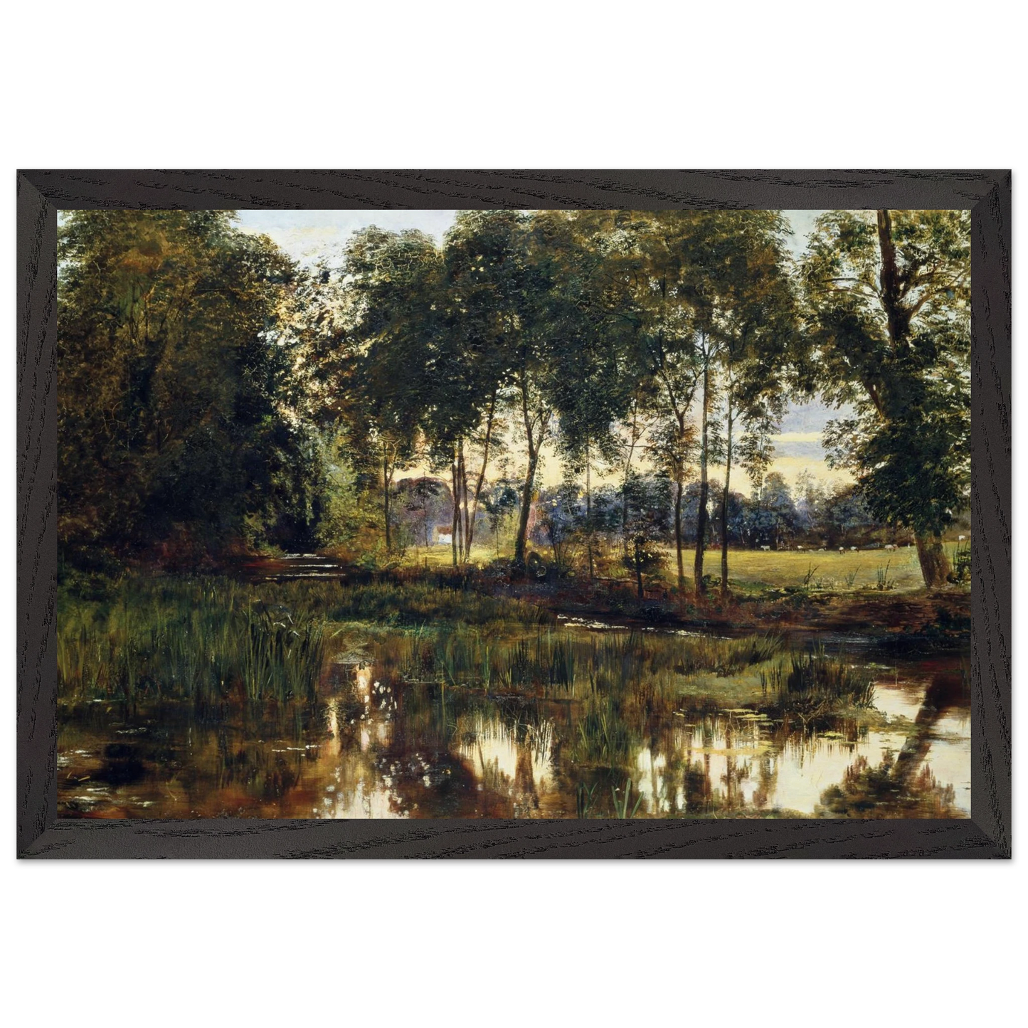 A View of Rye Water near Leixlip by William Davis, framed Irish landscape print in black frame, heritage wall art.