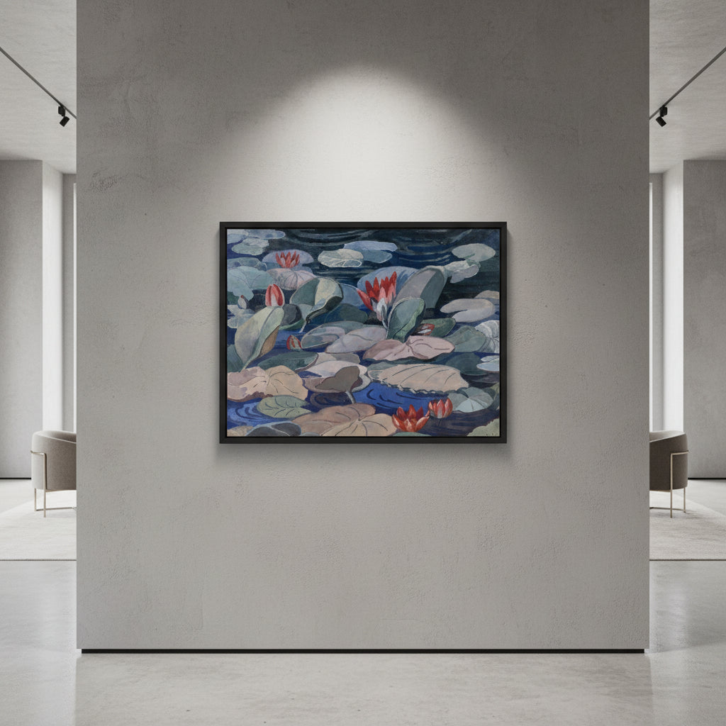 A Water-Lily Pond by Mainie Jellett - black framed print on a soft grey plaster wall