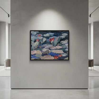 A Water-Lily Pond by Mainie Jellett - black framed print on a soft grey plaster wall