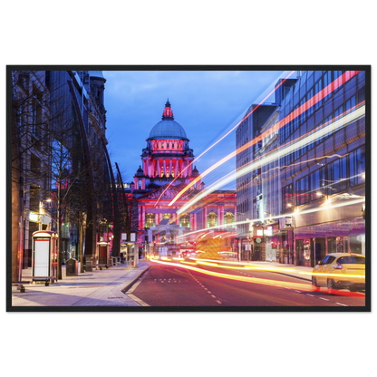 Vibrant Belfast City Hall Framed Art Print: A colorful depiction of Belfast's iconic City Hall with intricate details. The landmark is set against a lively backdrop of vivid hues, reflecting the city's dynamic spirit. Perfect for adding urban sophistication to any space.