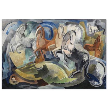 Reproduction print of 'Achill Horses' (1941) by Irish Artist Mainie Jellett, featuring abstract horses and swirling green and blue landscape inspired by Achill Island.