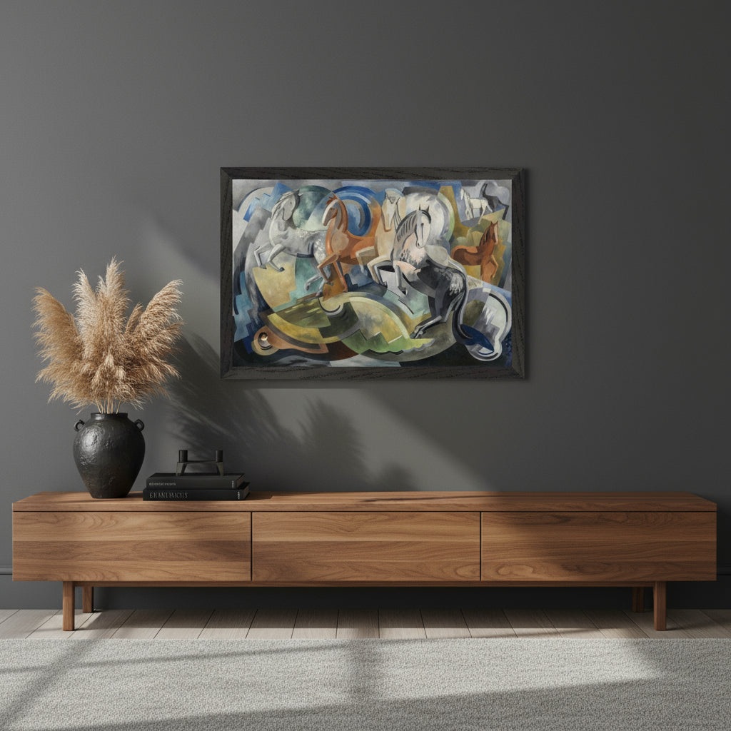 30x45 cm / 12x18″ / Wooden Framed Print / Black frame. Black-framed Achill Horses print above a walnut console table in a modern Dublin townhouse; charcoal wall, matte black accents, sculptural vase and dried grasses, moody atmospheric lighting.
