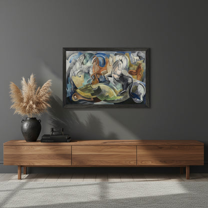 30x45 cm / 12x18″ / Wooden Framed Print / Black frame. Black-framed Achill Horses print above a walnut console table in a modern Dublin townhouse; charcoal wall, matte black accents, sculptural vase and dried grasses, moody atmospheric lighting.
