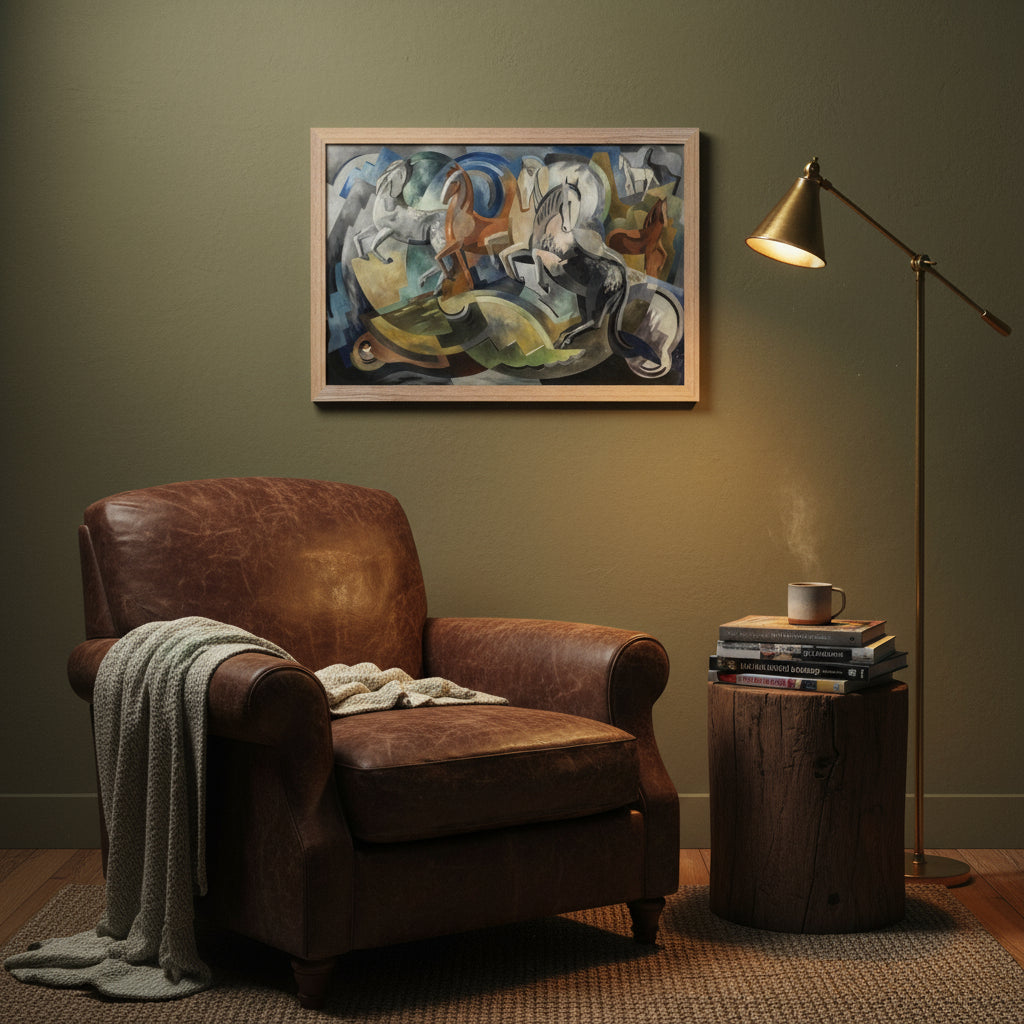 Achill Horses by Irish Artist Mainie Jellett Abstract Art Print 30x45 cm / 12x18″ / Natural wood framed Achill Horses print in a cosy reading nook; olive-green wall, leather armchair, brass floor lamp, stack of Irish art books, soft evening light and rustic textures.
