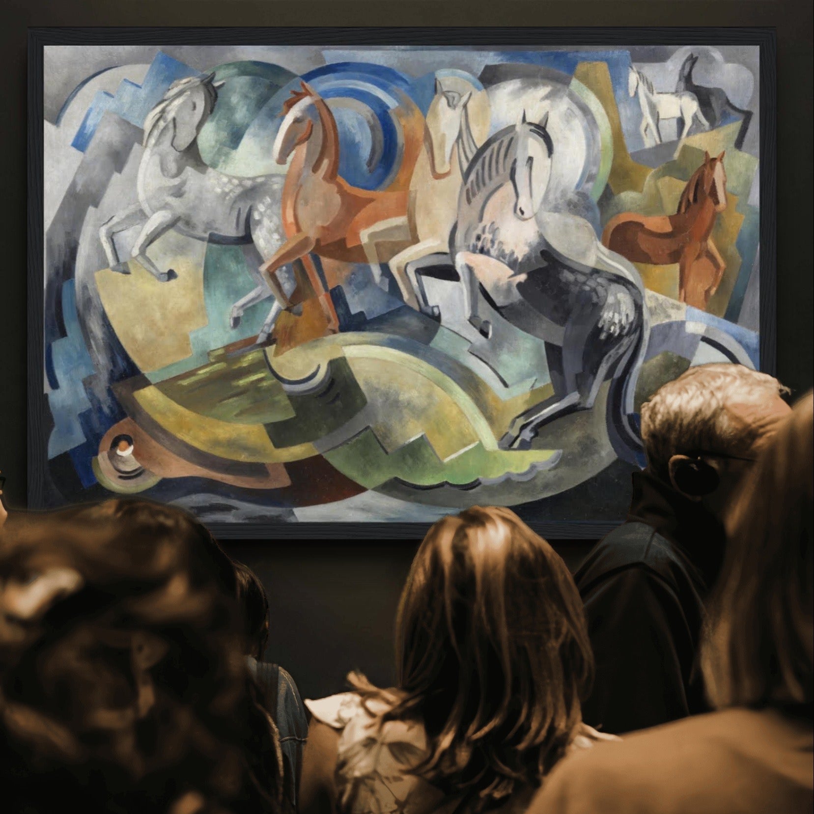 Framed print of 'Achill Horses' by Mainie Jellett hanging in a modern art gallery wall, showcasing abstract Irish landscape in Cubist style.