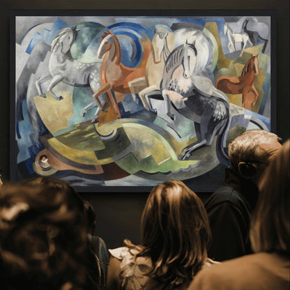 Framed print of 'Achill Horses' by Mainie Jellett hanging in a modern art gallery wall, showcasing abstract Irish landscape in Cubist style.