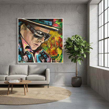 Van Morrison portrait art print by Irish Artist Mullan. Reflects his musical genius & poetic spirit. Tribute to Morrison's legacy, ideal for music & art enthusiasts. Modern loft with concrete wall, large ficus plant, woven rug.