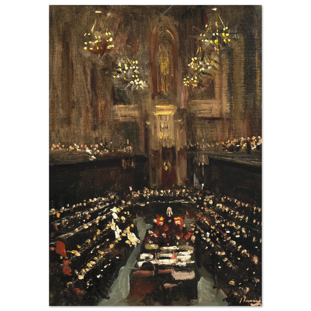Art print unframed and held by two small metal clips on a white museum wall, dramatic overhead spotlight, paper grain visible, gallery presentation.”
