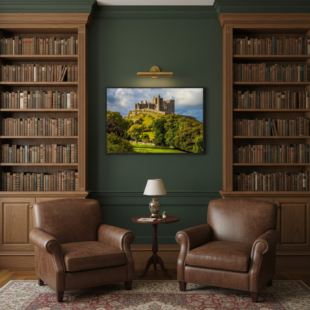 Rock of Cashel framed artwork centred on a dark green library wall with oak bookshelves, brass picture lights and leather armchairs – refined Irish heritage interior.