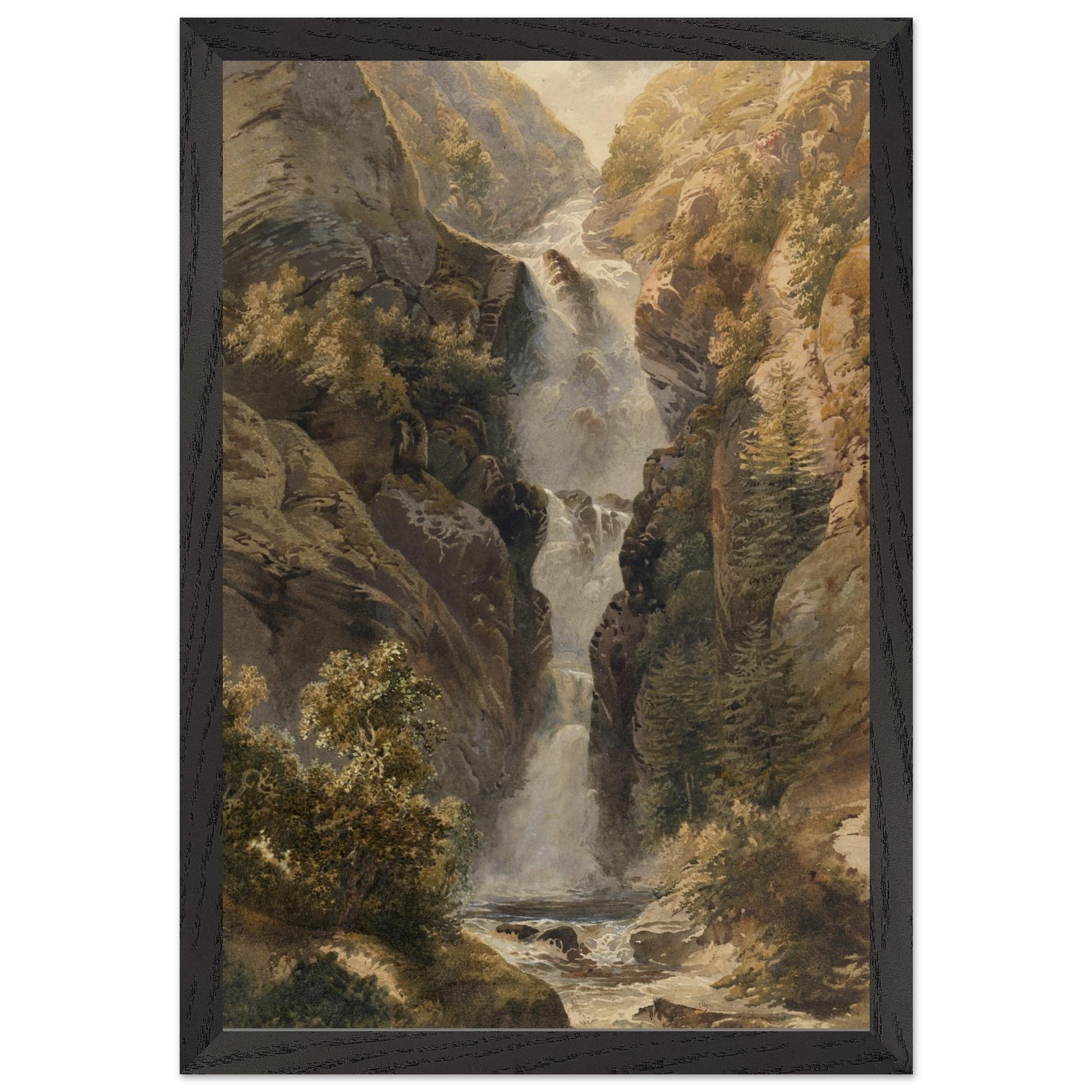 black framed reproduction of Esna Larach Waterfall by Henry Newton from the National Gallery of Ireland Collection