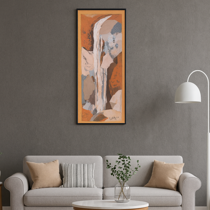 Living room with a gray sofa, round coffee table, and abstract art on the wall.