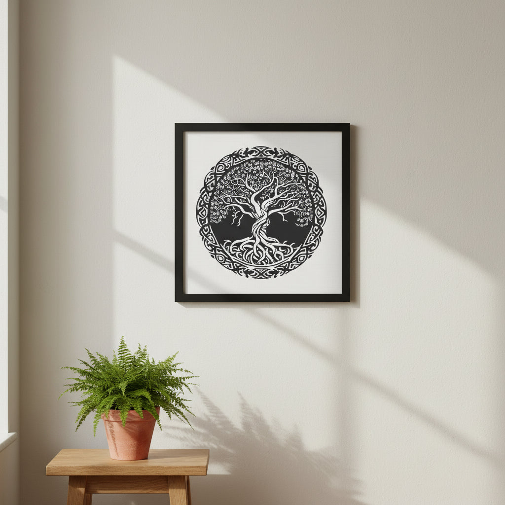 Celtic Tree of Life framed print in a black solid wood frame, hanging on a soft stone or linen-coloured wall. Natural daylight from side window, subtle shadows, minimal Irish interior styling with oak table and fern plant. 
