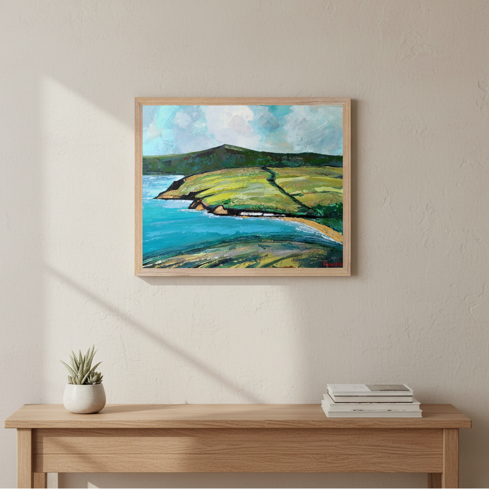 Cushendun Landscape by Ó Maoláin framed Irish landscape print hanging in a neutral hallway