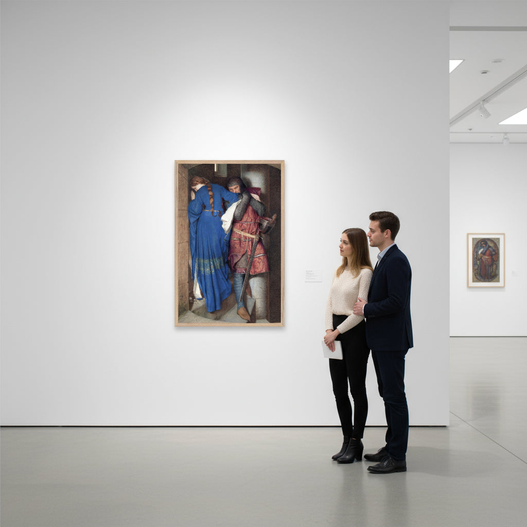 The Meeting on the Turret Stairs framed in natural oak, spotlighted in a minimalist white gallery space with stone flooring and soft ambient lighting. Viewers admire the painting’s emotional intensity and Pre-Raphaelite colour palette