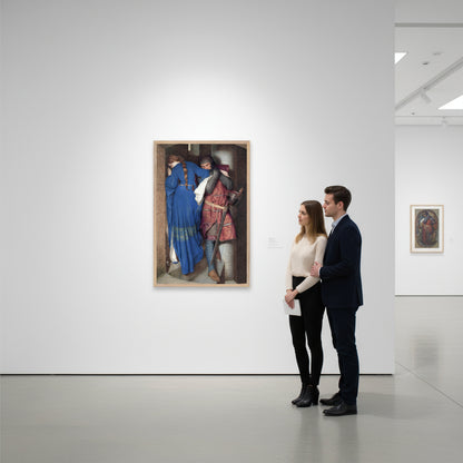 The Meeting on the Turret Stairs framed in natural oak, spotlighted in a minimalist white gallery space with stone flooring and soft ambient lighting. Viewers admire the painting’s emotional intensity and Pre-Raphaelite colour palette