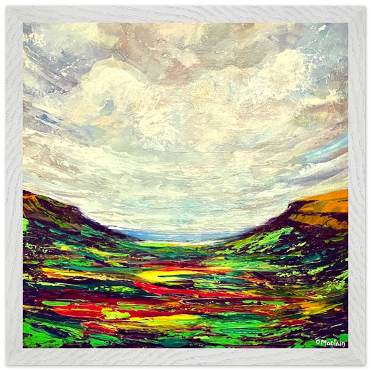 Queen of the Glens' art print by Irish artist Ó Maoláin. A scenic depiction of Glenariff, County Antrim, Ireland, showcasing its natural splendor and coastal charm. Ideal for enhancing any space.