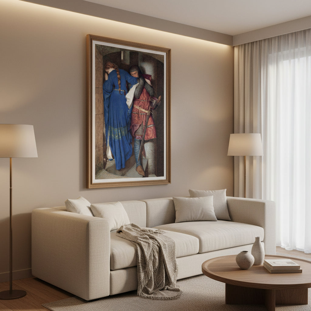 A large framed print in a softly lit living room with neutral tones, linen upholstery, and modern Irish craftsmanship. The artwork serves as a centrepiece blending tradition with modern design.