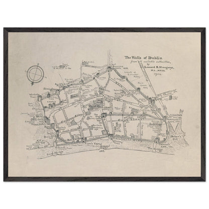 The Walls of Dublin — Antique City Map Print | Historic Irish Wall Art – size comparison view | Buy Irish Art