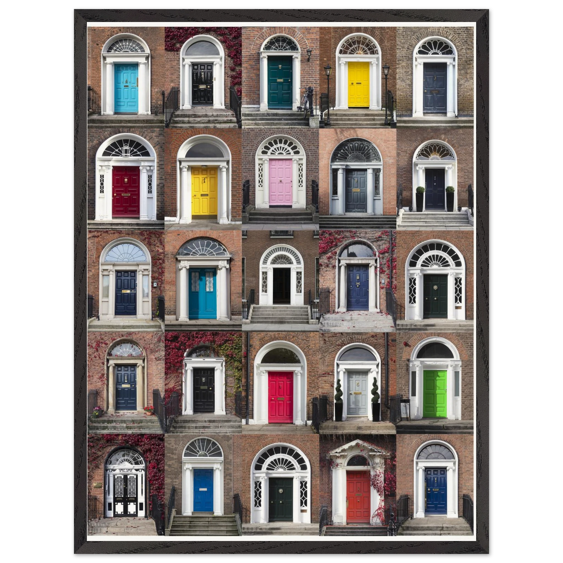 Colorful Georgian doors of Dublin Black framed wall art ready to hang