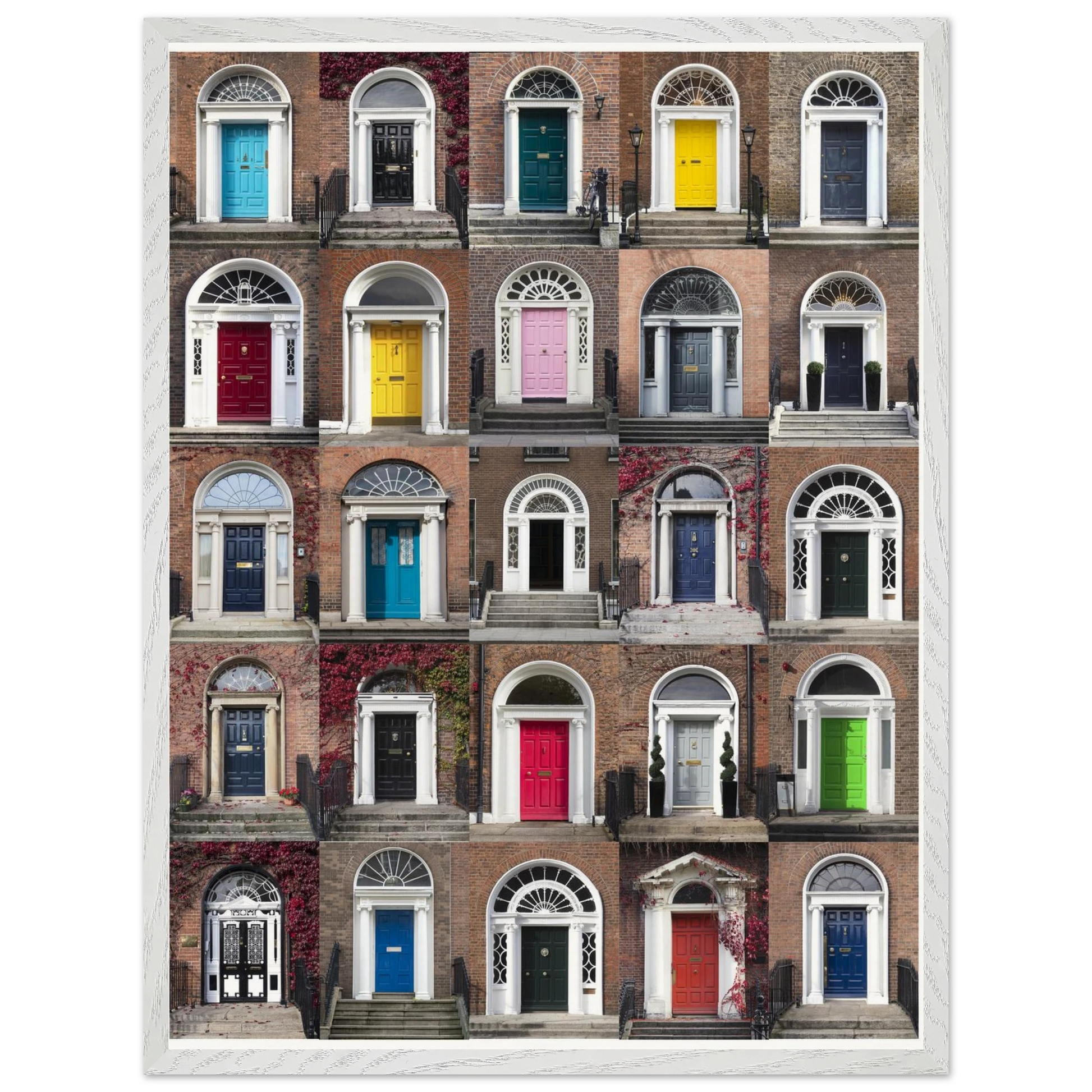 Framed Doors of Dublin print featuring colorful Georgian doors in oak frame
