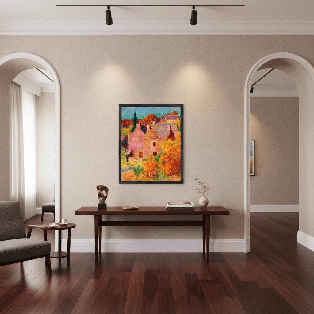 Framed print of Roderic O'Conor's Maisons Rouges à Pont-Aven in black gallery frame, premium archival quality.