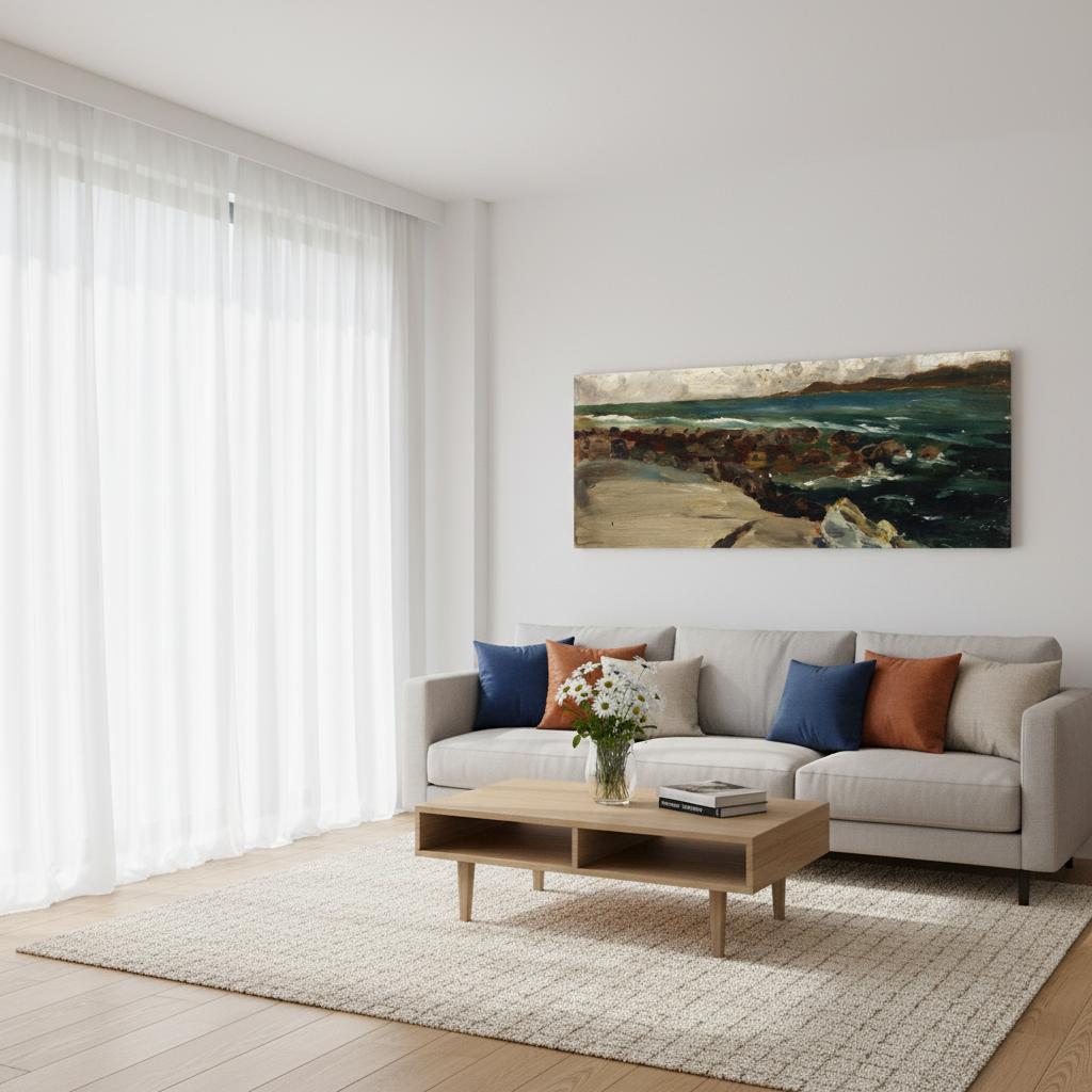 Harry Clarke Landscape by the Coast Canvas Art Print mockup. Displayed in a bright, modern living room.