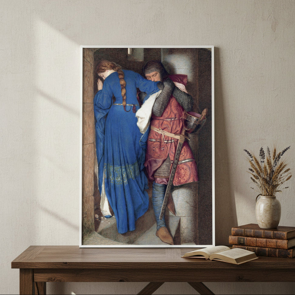 Pre-Raphaelite painting of Hellelil and Hildebrand embracing on stone stairs, tragic medieval romance by Frederic William Burton